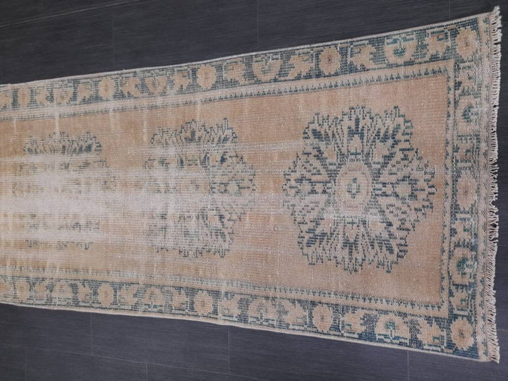 Beige Turkish Distressed Runner Rug 2' 7" x 10' 7" Hand-Knotted | No. WR75561