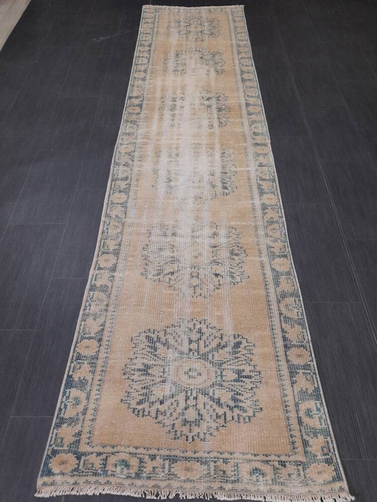 Beige Turkish Distressed Runner Rug 2' 7" x 10' 7" Hand-Knotted | No. WR75561