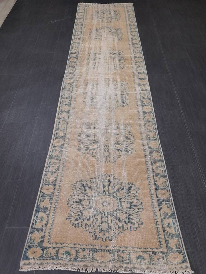 Beige Turkish Distressed Runner Rug 2' 7" x 10' 7" Hand-Knotted | No. WR75561