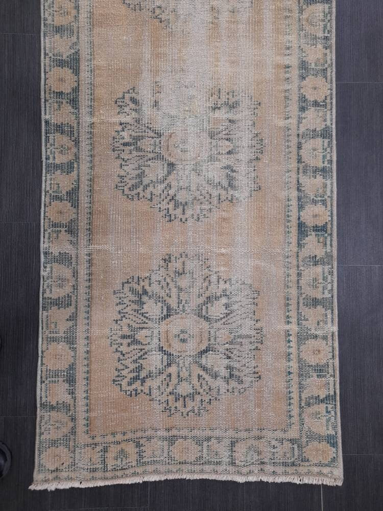 Beige Turkish Distressed Runner Rug 2' 7" x 10' 7" Hand-Knotted | No. WR75561