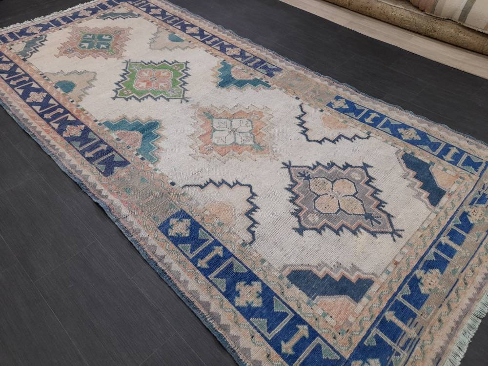 Beige Turkish Runner Rug 4' 11" x 10' 4" Hand-Knotted reverse
