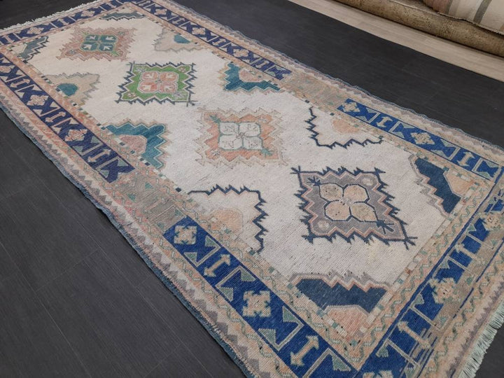 Beige Turkish Runner Rug 4' 11" x 10' 4" Hand-Knotted reverse