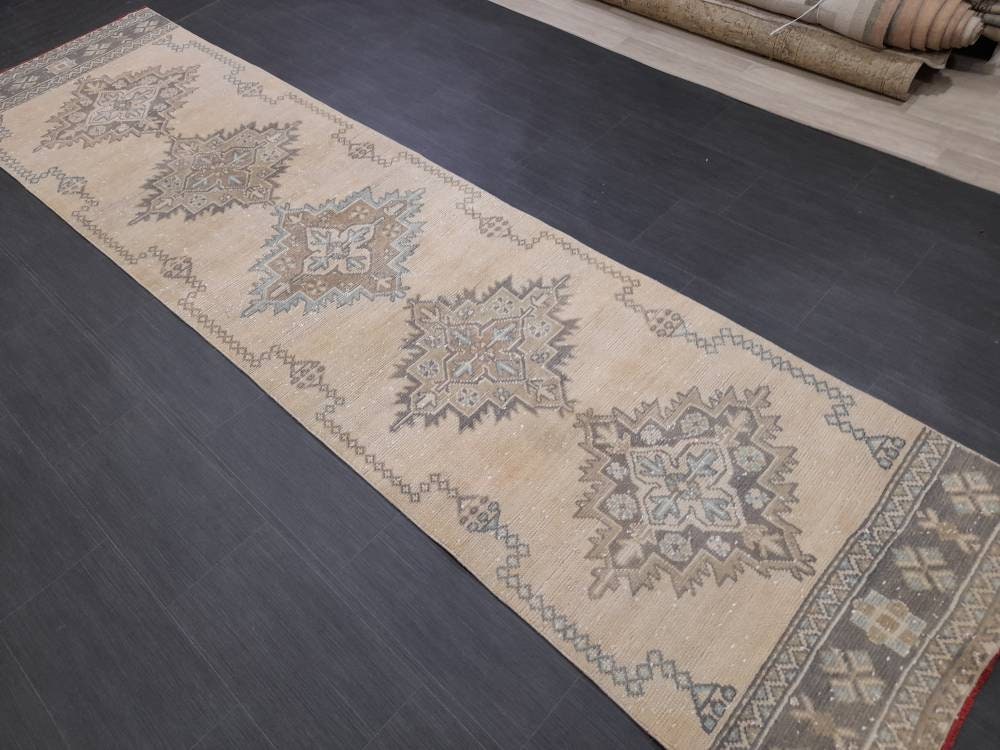 Beige Turkish Runner Rug 2' 10" x 10' 11" Hand-Knotted
