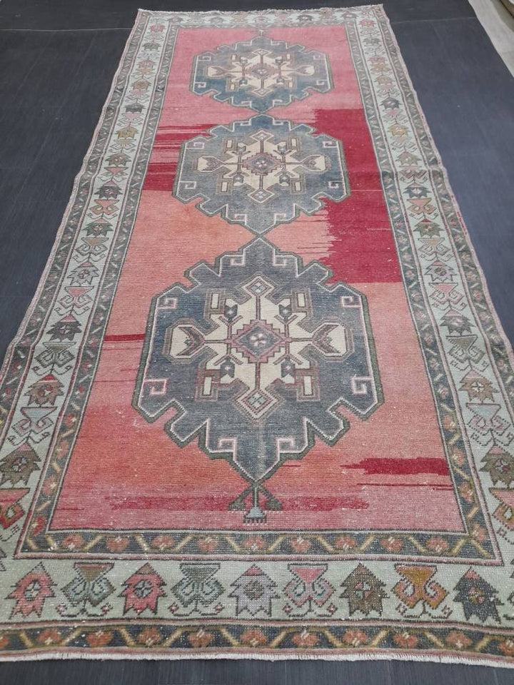 Beige Turkish Runner Rug 4' 10" x 11' Hand-Knotted field