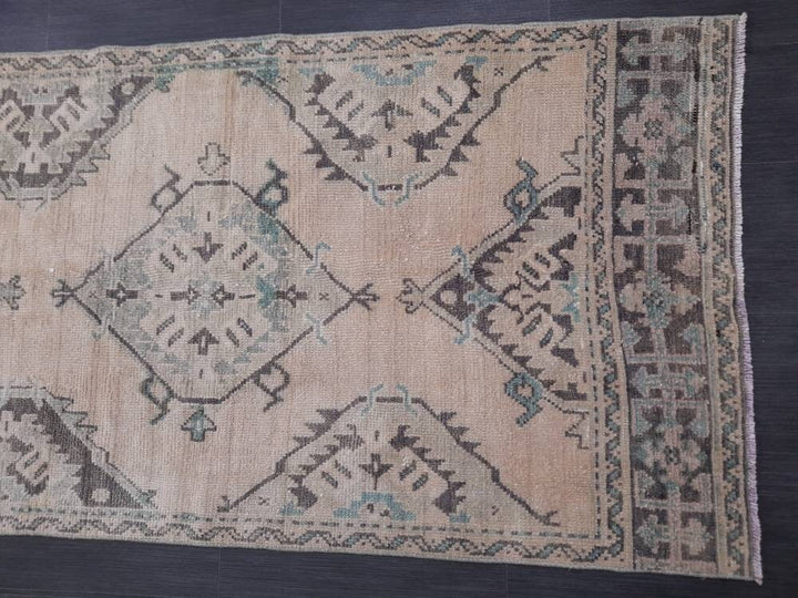 Beige Turkish Runner Rug 3' 1" x 10' 10" Hand-Knotted pattern