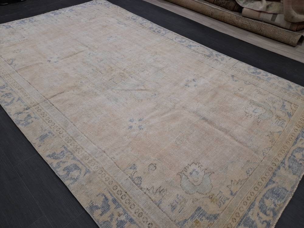 Beige Turkish Oushak Rug 6' 1" x 10' 3" Hand-Knotted