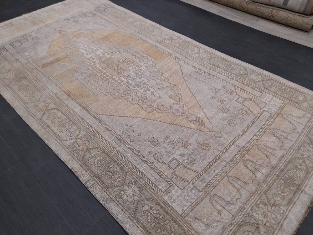 Beige Turkish Oushak Rug 5' 4" x 10' 4" Hand-Knotted