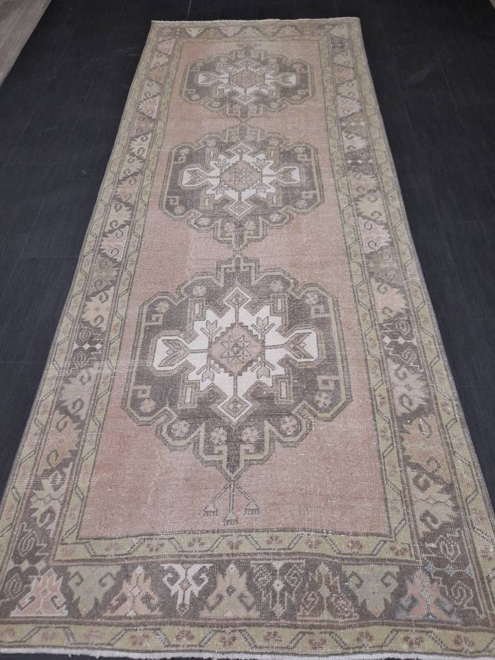 Tan Turkish Runner Rug 4' 3" x 11' Hand-Knotted texture