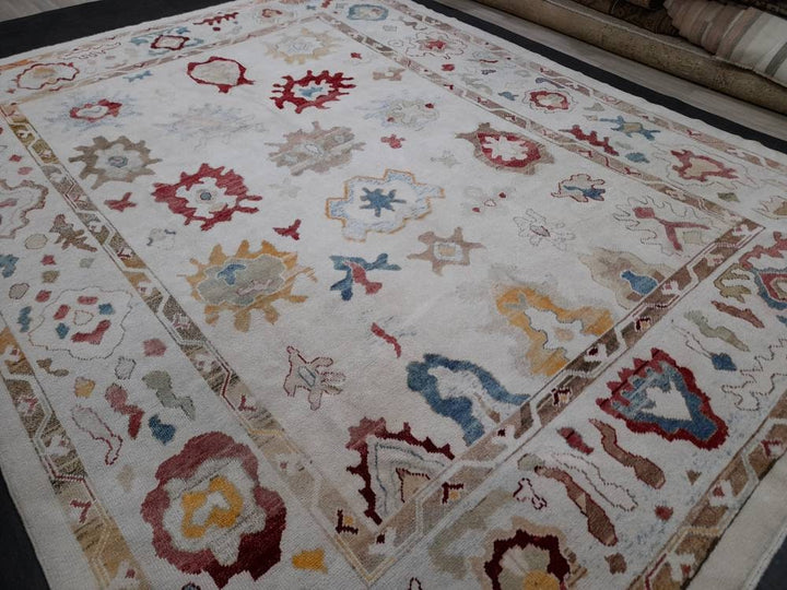 Beige Turkish Runner Rug 9' x 12' Hand-Knotted