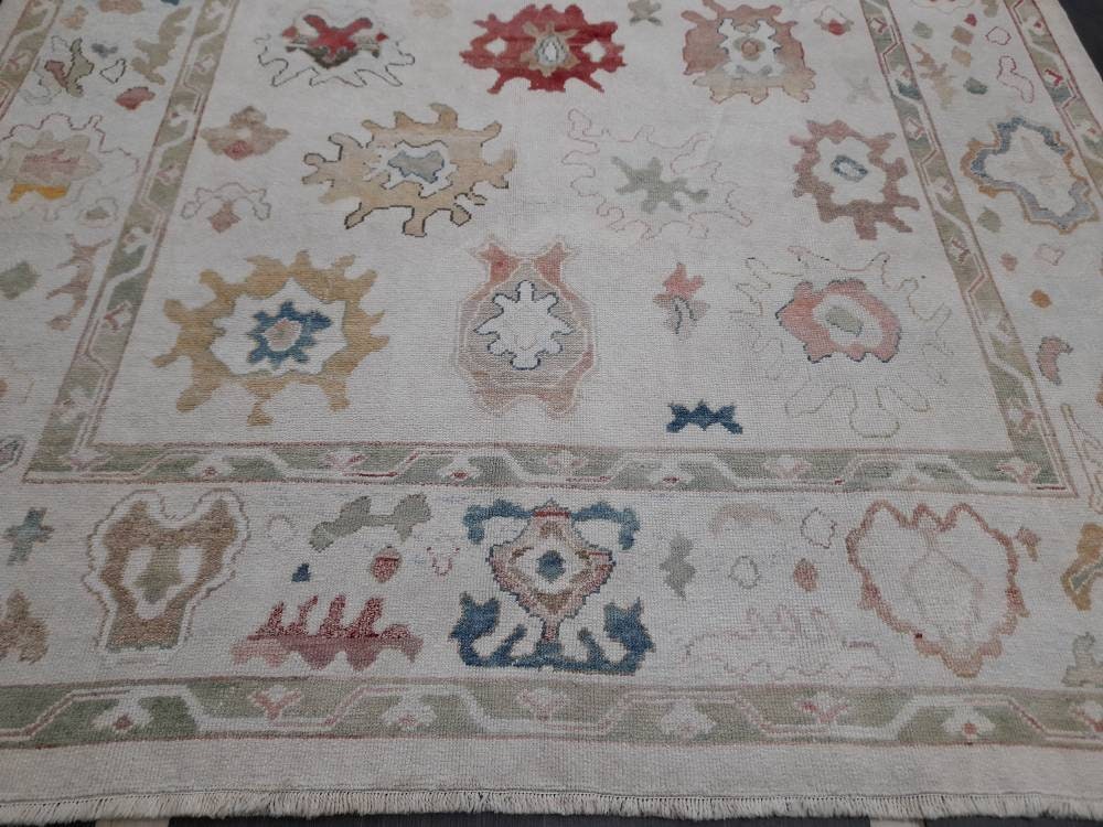Beige Turkish Runner Rug 9' x 12' Hand-Knotted texture