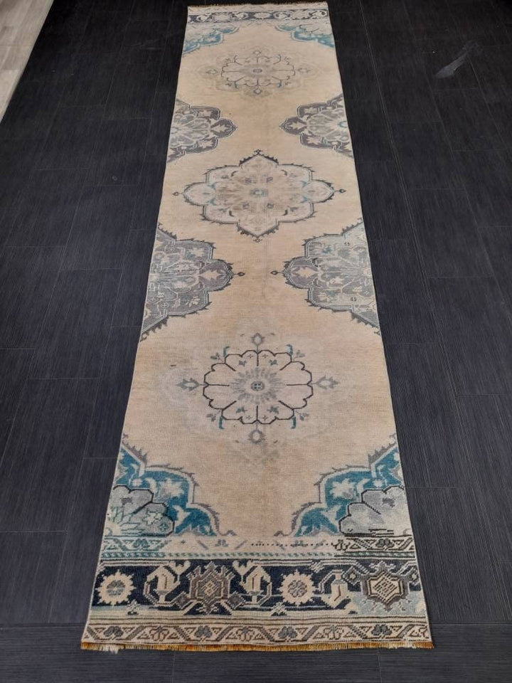 Beige Turkish Runner Rug 2' 9" x 11' 3" Hand-Knotted close-up