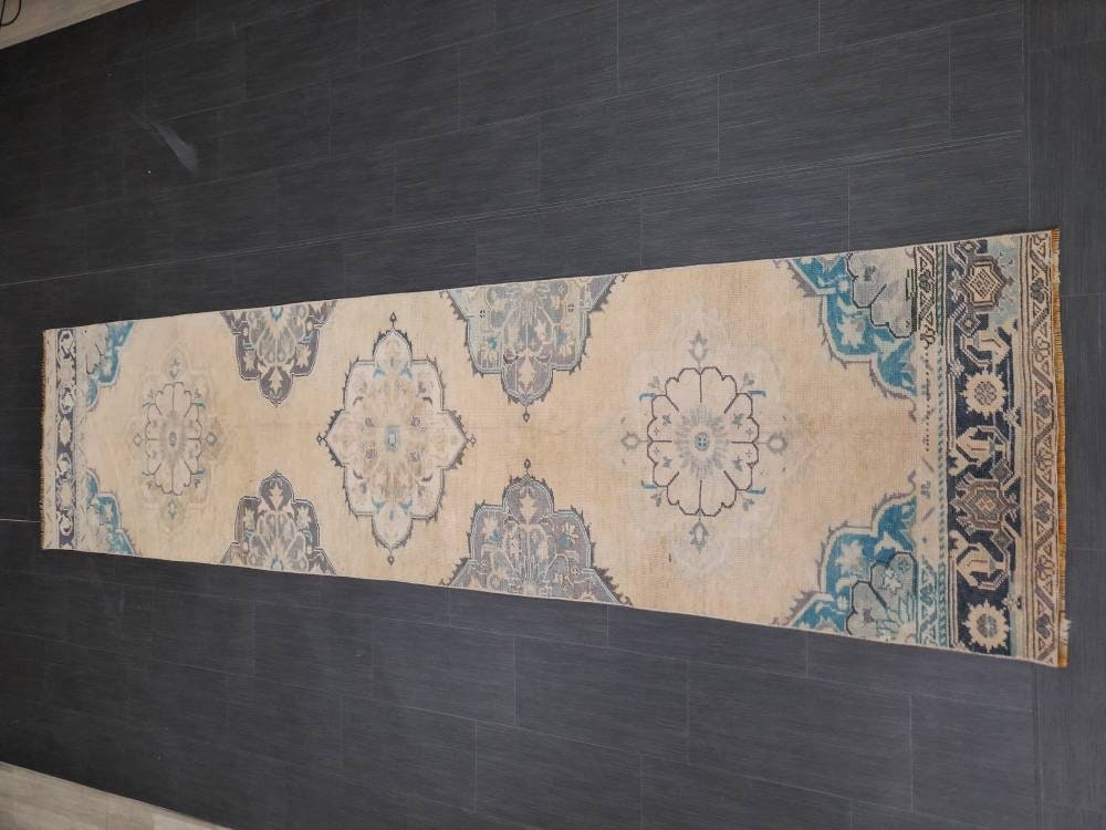 Beige Turkish Runner Rug 2' 9" x 11' 3" Hand-Knotted texture