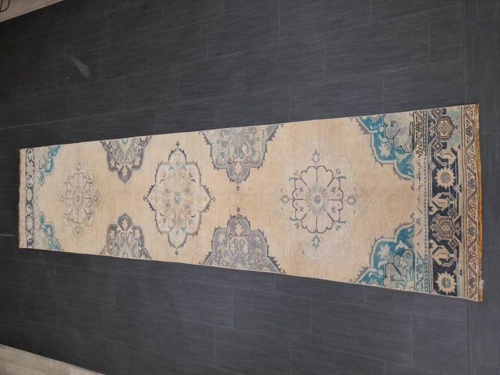 Beige Turkish Runner Rug 2' 9" x 11' 3" Hand-Knotted texture