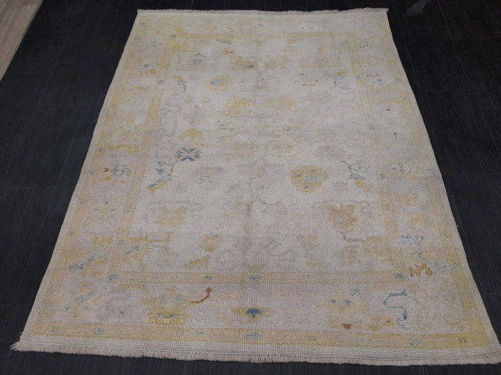 Beige Turkish Runner Rug 5' x 6' 2" Hand-Knotted close-up
