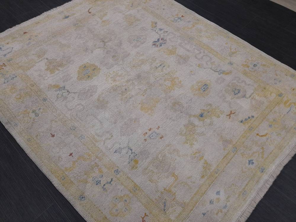 Beige Turkish Runner Rug 5' x 6' 2" Hand-Knotted field