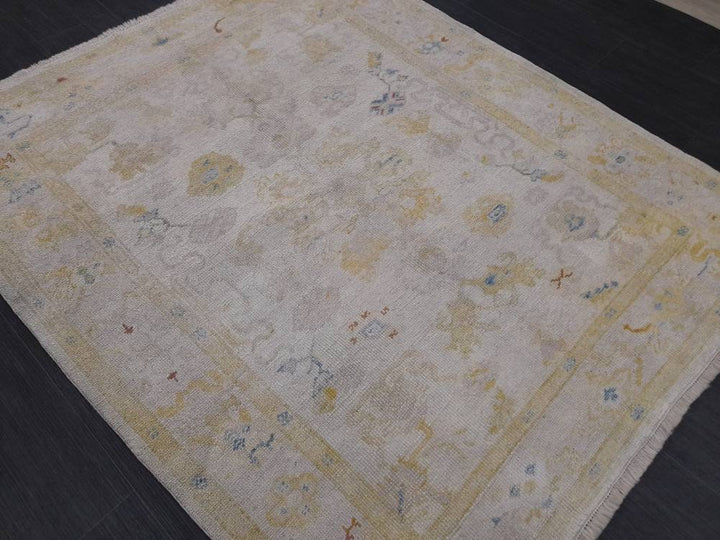 Beige Turkish Runner Rug 5' x 6' 2" Hand-Knotted field