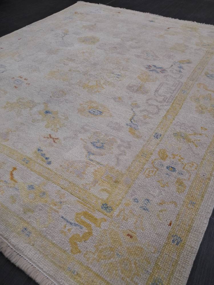Beige Turkish Runner Rug 5' x 6' 2" Hand-Knotted reverse