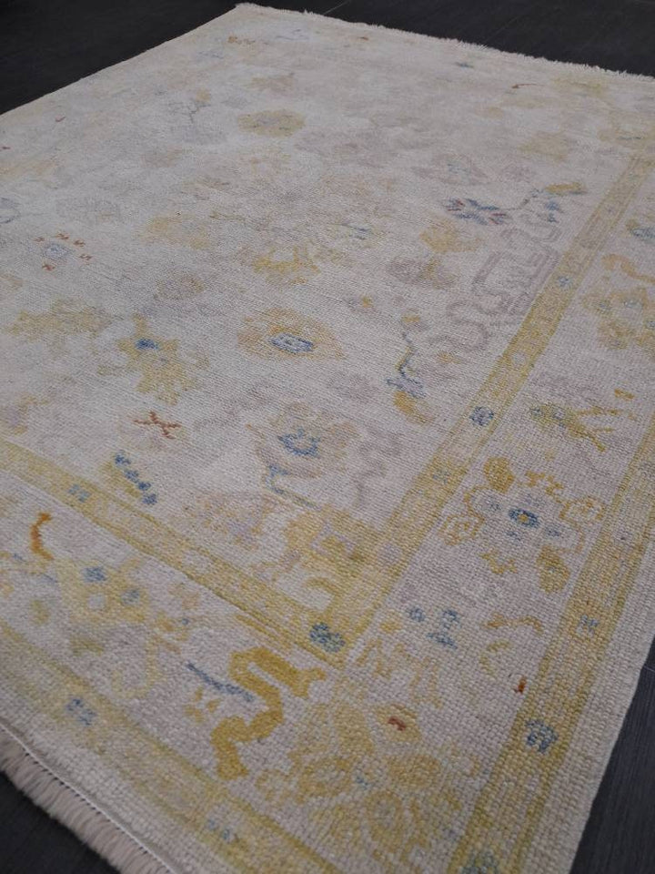 Beige Turkish Runner Rug 5' x 6' 2" Hand-Knotted reverse