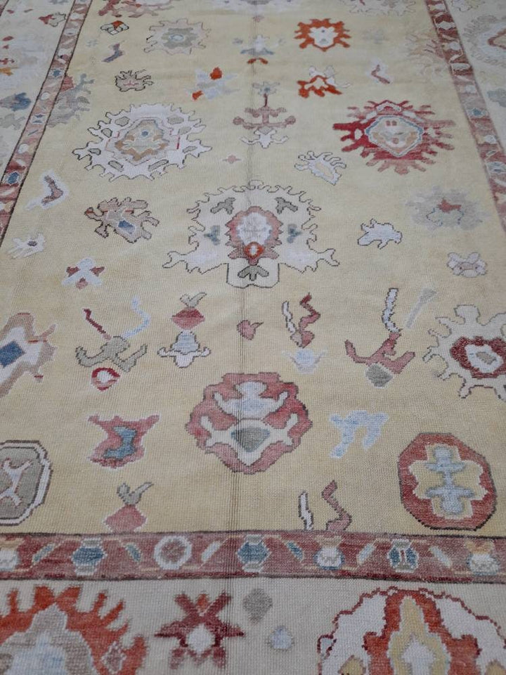 Beige Turkish Oushak Rug 9' x 12' 1" Hand-Knotted reverse