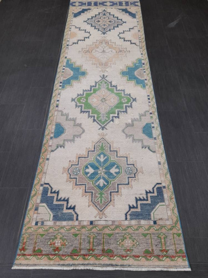 Beige Turkish Runner Rug 3' 1" x 10' 9" Hand-Knotted border