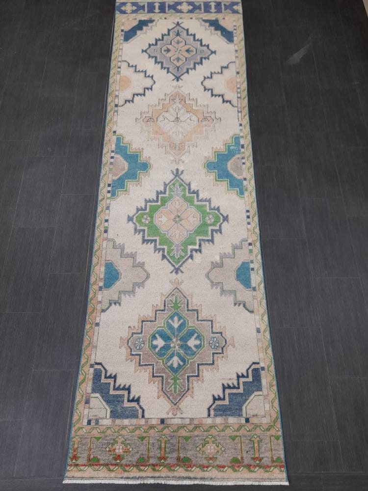Beige Turkish Runner Rug 3' 1" x 10' 9" Hand-Knotted reverse