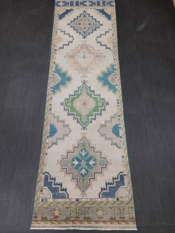 Beige Turkish Runner Rug 3' 1" x 10' 9" Hand-Knotted reverse
