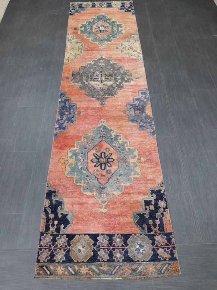 Beige Turkish Runner Rug 2' 5" x 11' 1" Hand-Knotted reverse