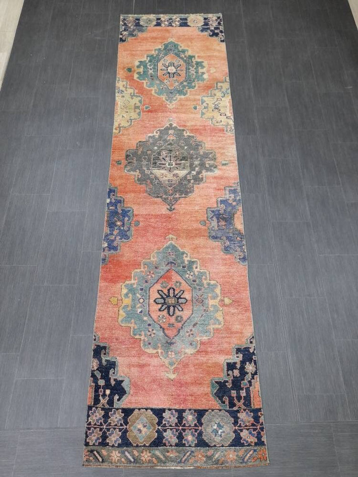 Beige Turkish Runner Rug 2' 5" x 11' 1" Hand-Knotted field
