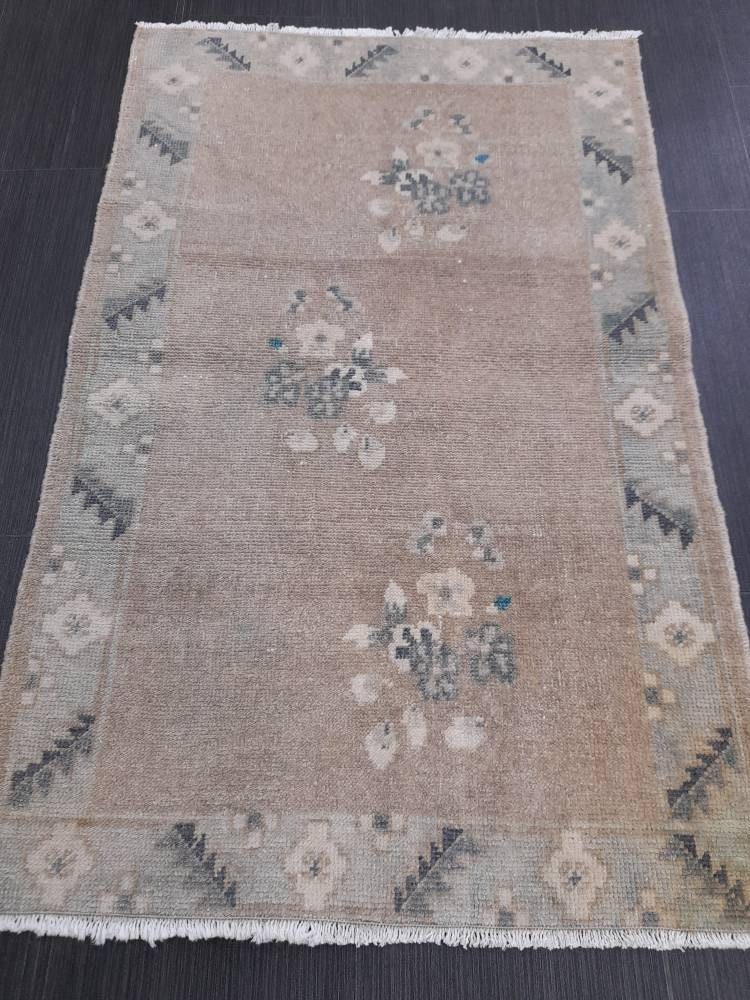 Beige Turkish Runner Rug 2' 3" x 3' 8" Hand-Knotted close-up