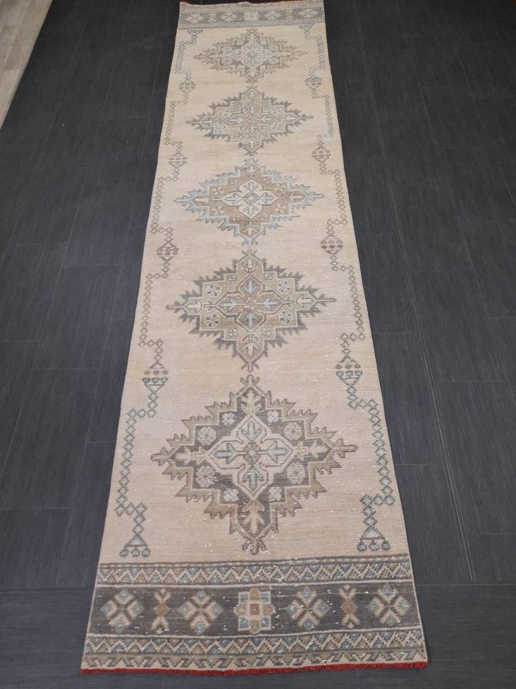 Beige Turkish Runner Rug 2' 10" x 10' 11" Hand-Knotted reverse