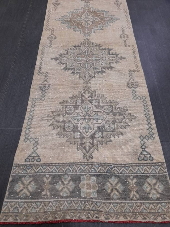 Beige Turkish Runner Rug 2' 10" x 10' 11" Hand-Knotted field