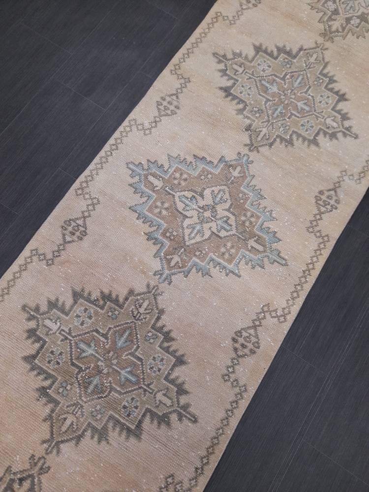 Beige Turkish Runner Rug 2' 10" x 10' 11" Hand-Knotted texture