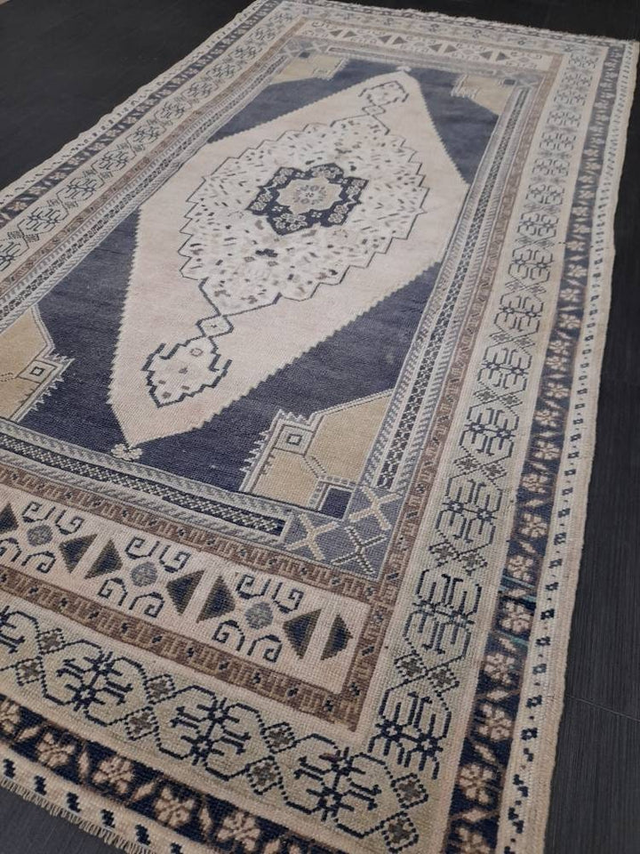 Blue Turkish Runner Rug 3' 11" x 7' 5" Hand-Knotted | No. WR71294