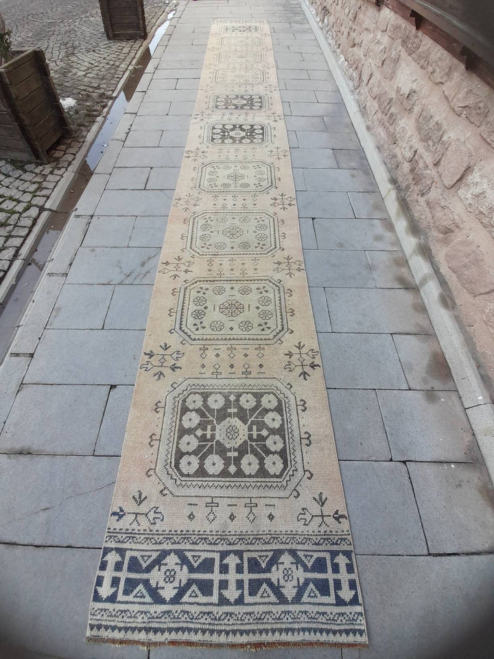 Beige Turkish Runner Rug 2' 11" x 23' 2" Hand-Knotted reverse