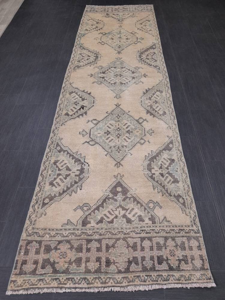 Beige Turkish Runner Rug 3' 1" x 10' 10" Hand-Knotted field