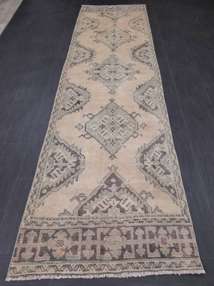 Beige Turkish Runner Rug 3' 1" x 10' 10" Hand-Knotted field