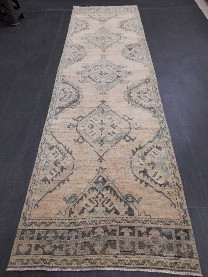 Beige Turkish Runner Rug 3' 1" x 10' 10" Hand-Knotted reverse