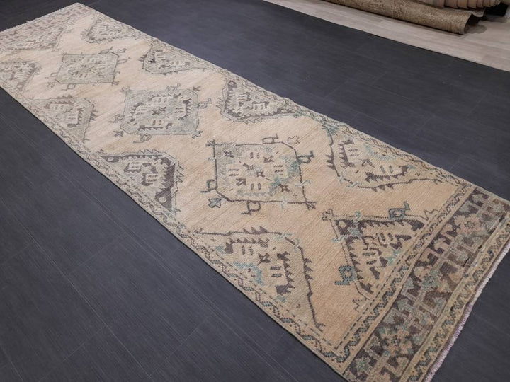 Beige Turkish Runner Rug 3' 1" x 10' 10" Hand-Knotted