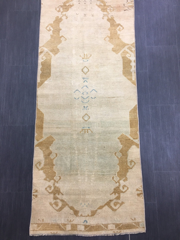 Beige Turkish Runner Rug 2' 7" x 14' Hand-Knotted close-up