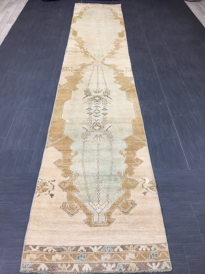 Beige Turkish Runner Rug 2' 7" x 14' Hand-Knotted border