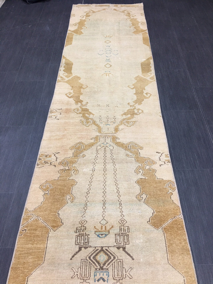 Beige Turkish Runner Rug 2' 7" x 14' Hand-Knotted pattern