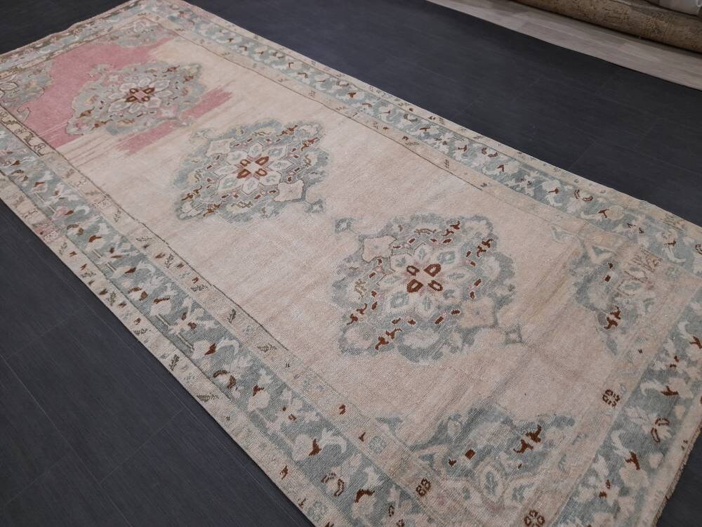 Beige Turkish Runner Rug 4' 6" x 10' 4" Hand-Knotted