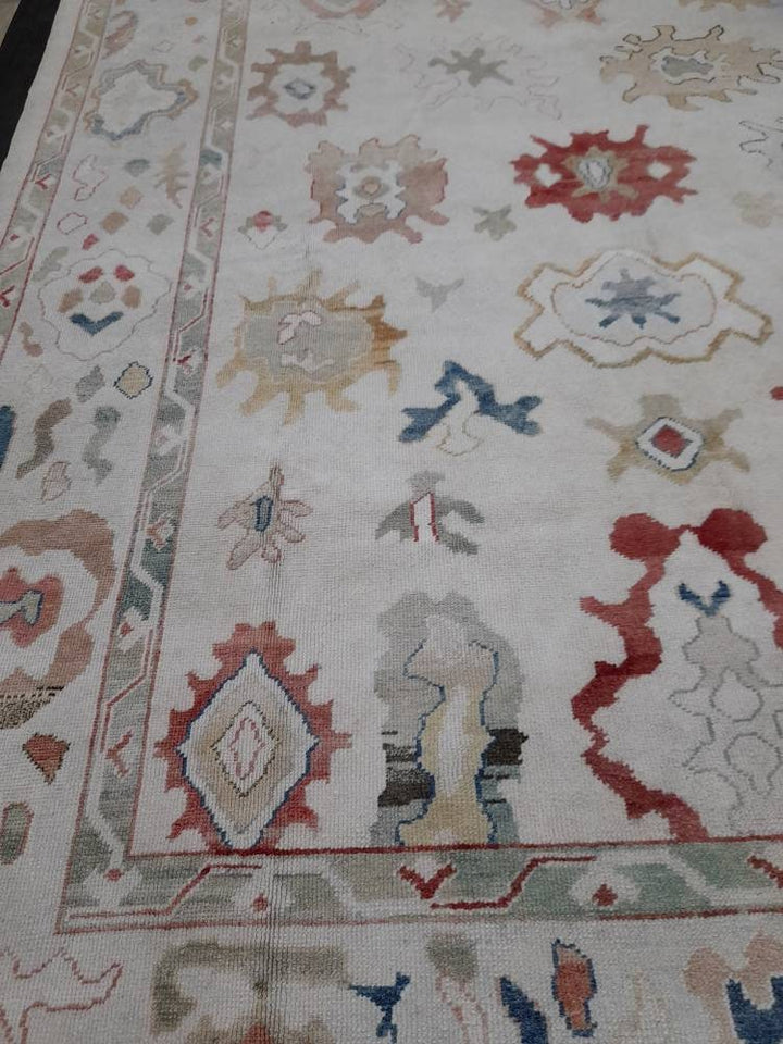 Beige Turkish Runner Rug 9' x 12' Hand-Knotted pattern