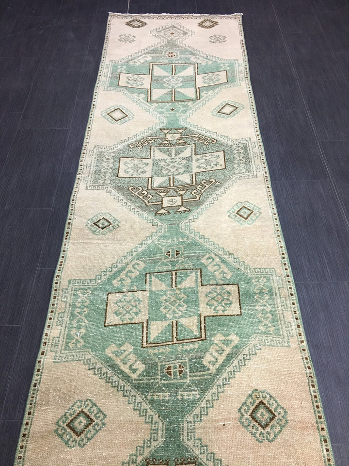 Green Turkish Runner Rug 2' 8" x 11' 7" Hand-Knotted | No. WR64758