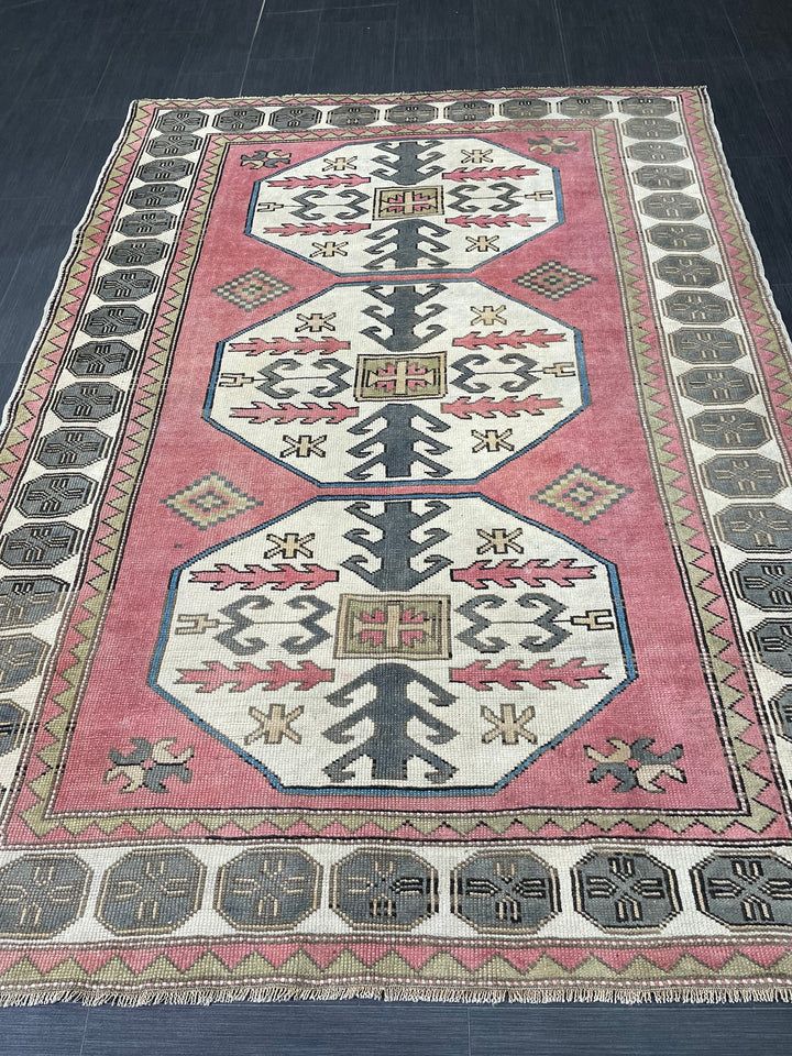 Beige Turkish Runner Rug 5' 5" x 7' 5" Hand-Knotted reverse
