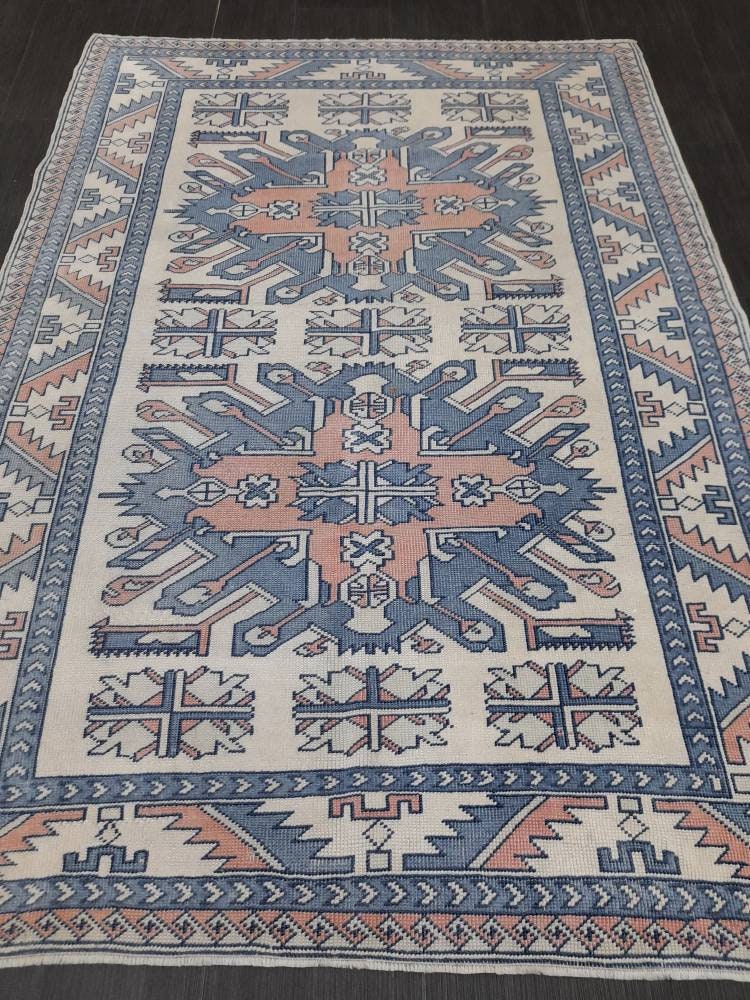 Blue Turkish Runner Rug 4' 7" x 6' 6" Hand-Knotted | No. WR66170