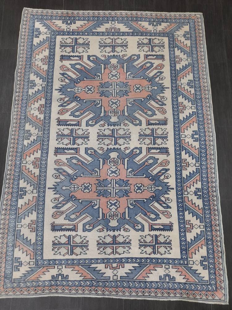 Blue Turkish Runner Rug 4' 7" x 6' 6" Hand-Knotted | No. WR66170
