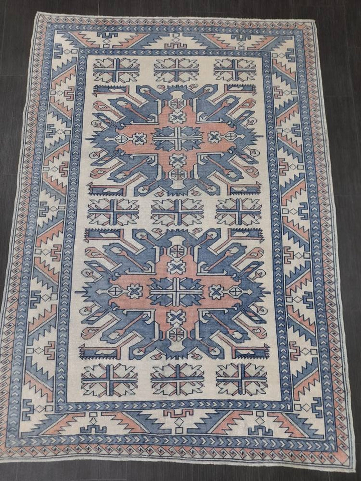 Blue Turkish Runner Rug 4' 7" x 6' 6" Hand-Knotted | No. WR66170