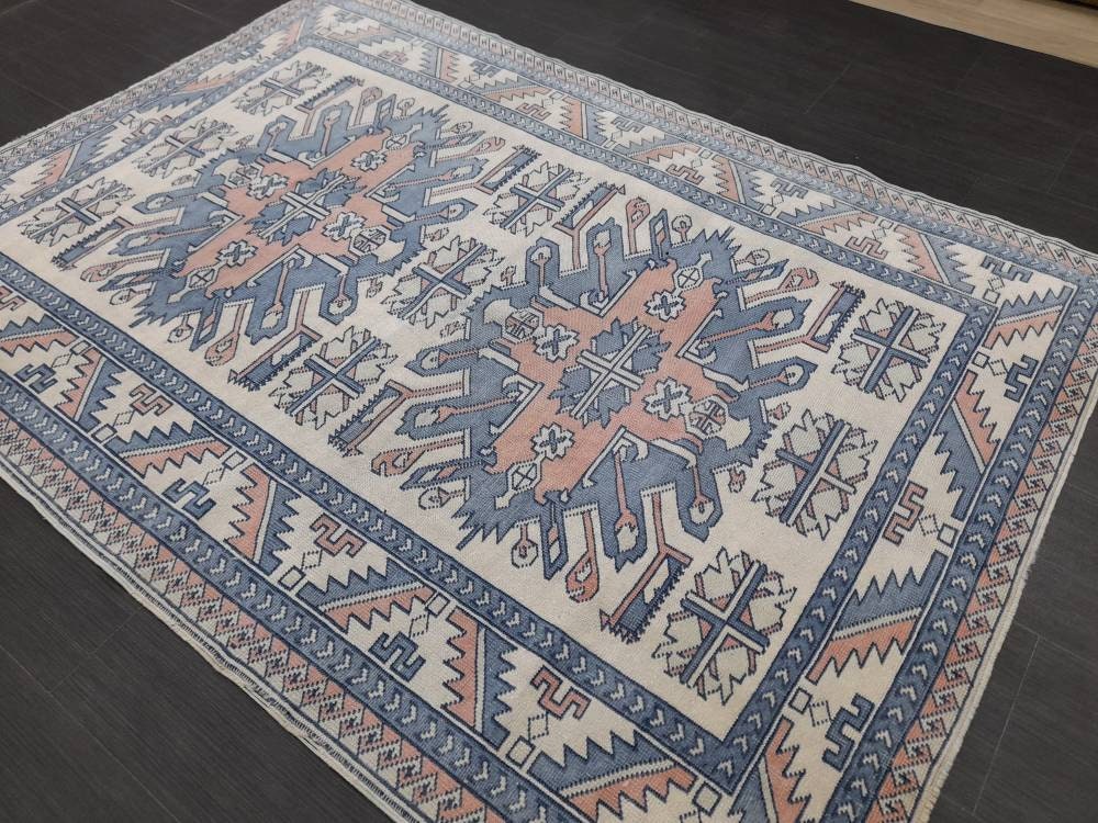 Blue Turkish Runner Rug 4' 7" x 6' 6" Hand-Knotted | No. WR66170