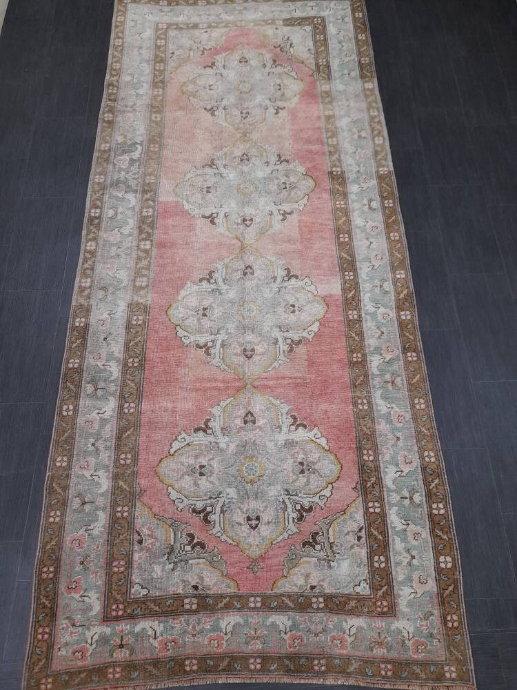 Beige Turkish Runner Rug 4' 8" x 11' 1" Hand-Knotted reverse